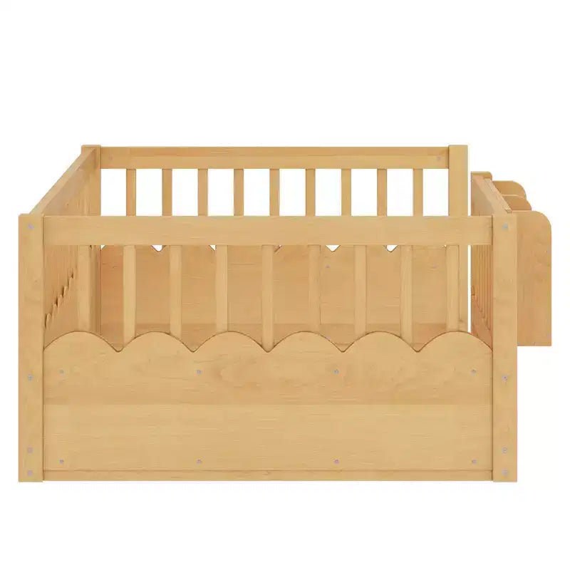 Cama Montessori de madera para niños, tamaño individual/matrimonial/king, con valla elevada y estantería, diseño de perfil bajo