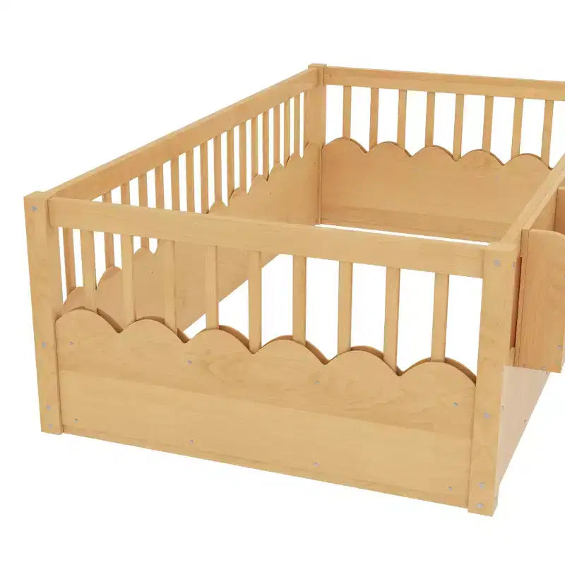 Cama Montessori de madera para niños, tamaño individual/matrimonial/king, con valla elevada y estantería, diseño de perfil bajo