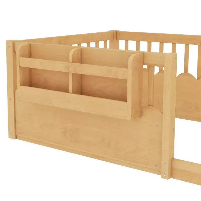 Cama Montessori de madera para niños, tamaño individual/matrimonial/king, con valla elevada y estantería, diseño de perfil bajo