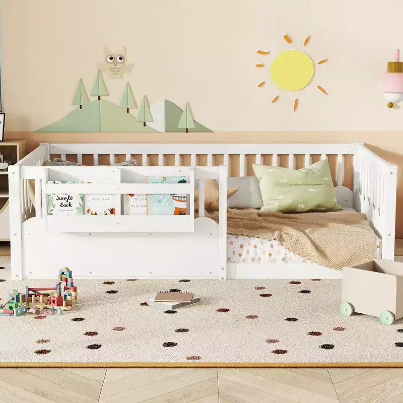 Cama Montessori de madera para niños, tamaño individual/matrimonial/king, con valla elevada y estantería, diseño de perfil bajo