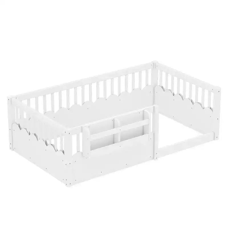 Cama Montessori de madera para niños, tamaño individual/matrimonial/king, con valla elevada y estantería, diseño de perfil bajo