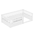 Cama Montessori de madera para niños, tamaño individual/matrimonial/king, con valla elevada y estantería, diseño de perfil bajo