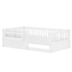 Cama Montessori de madera para niños, tamaño individual/matrimonial/king, con valla elevada y estantería, diseño de perfil bajo