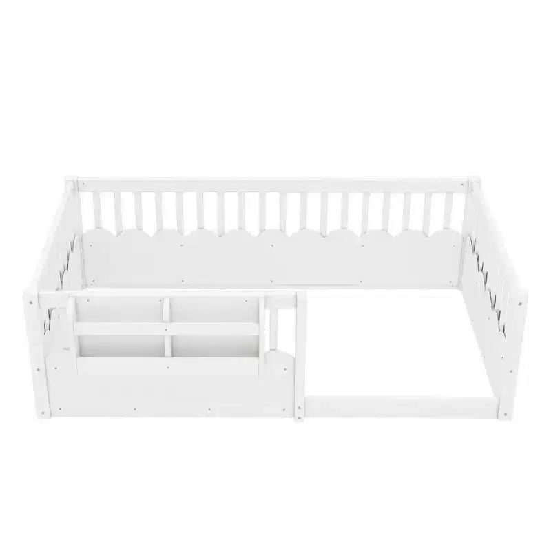 Cama Montessori de madera para niños, tamaño individual/matrimonial/king, con valla elevada y estantería, diseño de perfil bajo