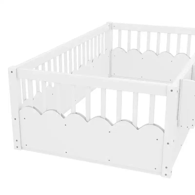 Cama Montessori de madera para niños, tamaño individual/matrimonial/king, con valla elevada y estantería, diseño de perfil bajo