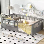 Cama Montessori de madera para niños, tamaño individual/matrimonial/king, con valla elevada y estantería, diseño de perfil bajo