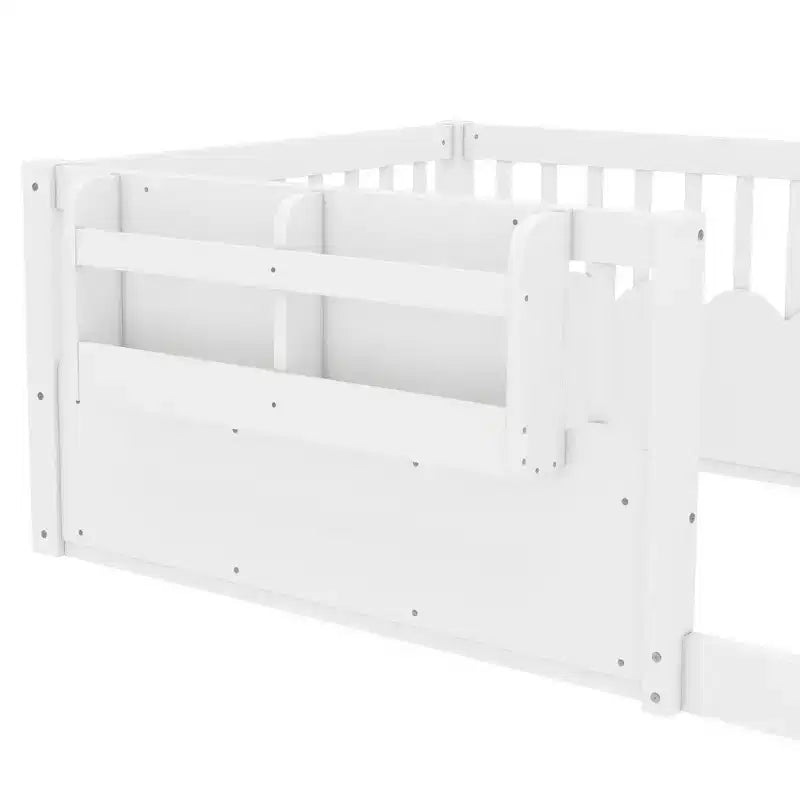 Cama Montessori de madera para niños, tamaño individual/matrimonial/king, con valla elevada y estantería, diseño de perfil bajo