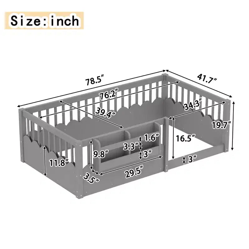 Cama Montessori de madera para niños, tamaño individual/matrimonial/king, con valla elevada y estantería, diseño de perfil bajo