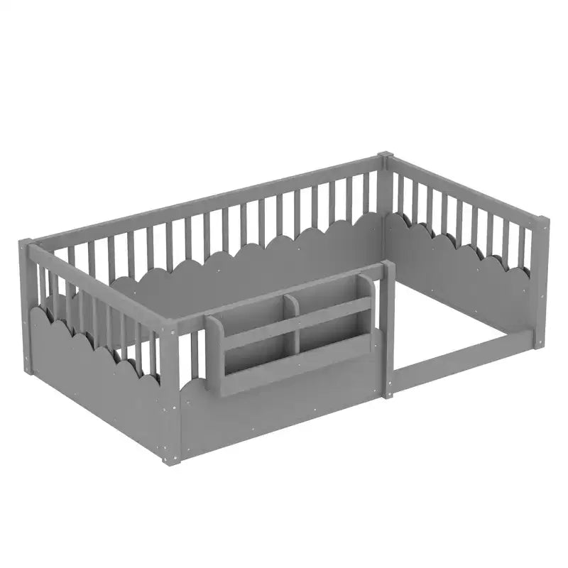 Cama Montessori de madera para niños, tamaño individual/matrimonial/king, con valla elevada y estantería, diseño de perfil bajo