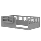 Cama Montessori de madera para niños, tamaño individual/matrimonial/king, con valla elevada y estantería, diseño de perfil bajo