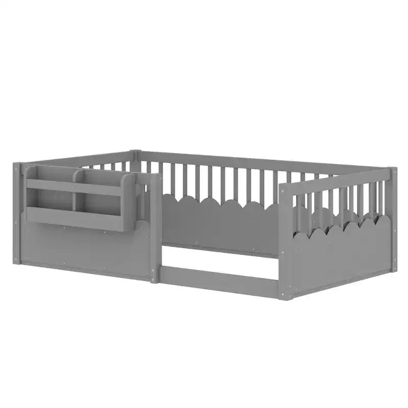 Cama Montessori de madera para niños, tamaño individual/matrimonial/king, con valla elevada y estantería, diseño de perfil bajo