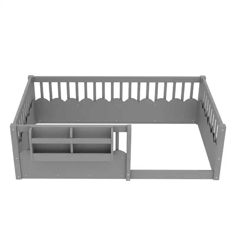 Cama Montessori de madera para niños, tamaño individual/matrimonial/king, con valla elevada y estantería, diseño de perfil bajo