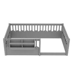 Cama Montessori de madera para niños, tamaño individual/matrimonial/king, con valla elevada y estantería, diseño de perfil bajo