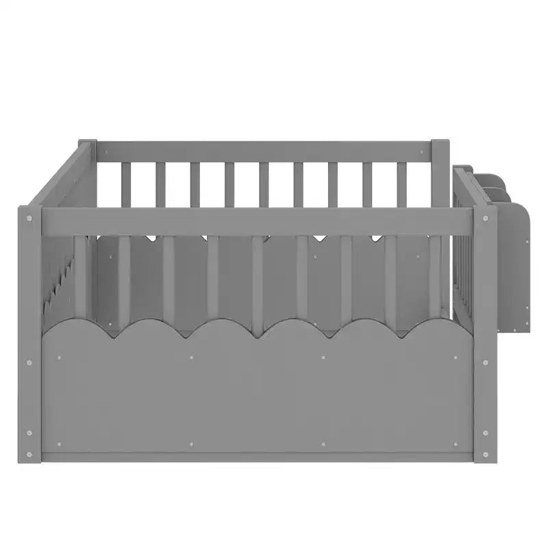 Cama Montessori de madera para niños, tamaño individual/matrimonial/king, con valla elevada y estantería, diseño de perfil bajo