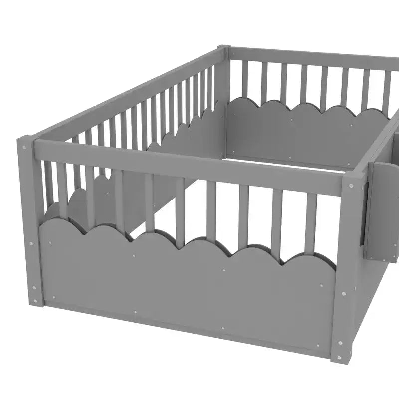 Cama Montessori de madera para niños, tamaño individual/matrimonial/king, con valla elevada y estantería, diseño de perfil bajo