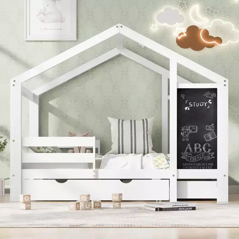 Cama de Casa de Tamaño Completo con Pizarra y Cajones, Dos Opciones de Montaje, Marco de Cama con Barandilla, No Necesita Somier, Diseño que Ahorra Espacio
