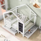 Cama de Casa de Tamaño Completo con Pizarra y Cajones, Dos Opciones de Montaje, Marco de Cama con Barandilla, No Necesita Somier, Diseño que Ahorra Espacio