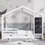 Cama de Casa de Tamaño Completo con Pizarra y Cajones, Dos Opciones de Montaje, Marco de Cama con Barandilla, No Necesita Somier, Diseño que Ahorra Espacio