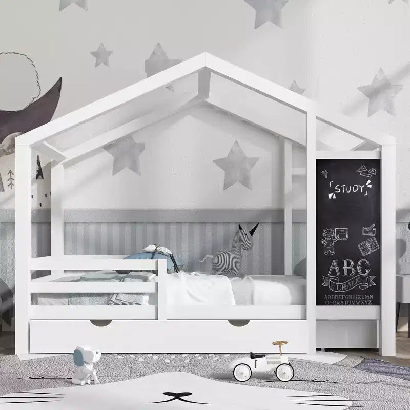 Cama de Casa de Tamaño Completo con Pizarra y Cajones, Dos Opciones de Montaje, Marco de Cama con Barandilla, No Necesita Somier, Diseño que Ahorra Espacio