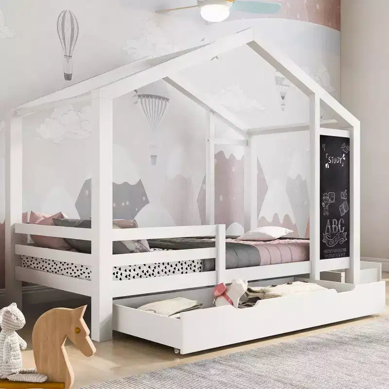 Cama de Casa de Tamaño Completo con Pizarra y Cajones, Dos Opciones de Montaje, Marco de Cama con Barandilla, No Necesita Somier, Diseño que Ahorra Espacio