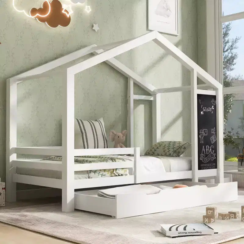 Cama de Casa de Tamaño Completo con Pizarra y Cajones, Dos Opciones de Montaje, Marco de Cama con Barandilla, No Necesita Somier, Diseño que Ahorra Espacio
