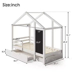 Cama de Casa de Tamaño Completo con Pizarra y Cajones, Dos Opciones de Montaje, Marco de Cama con Barandilla, No Necesita Somier, Diseño que Ahorra Espacio