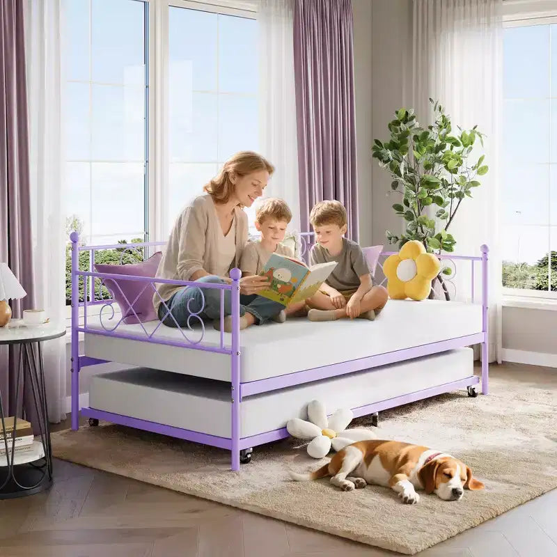 Twin Daybed with Trundle, Metal Sofa Bed with Heart-Shaped Headboard, Heavy-Duty Frame, Purple