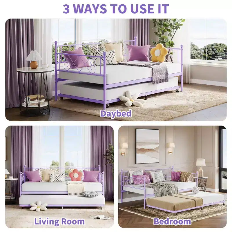 Cama Nido Individual con Cama Extraíble, Sofá Cama de Metal con Cabecero en Forma de Corazón, Estructura Resistente, Morado