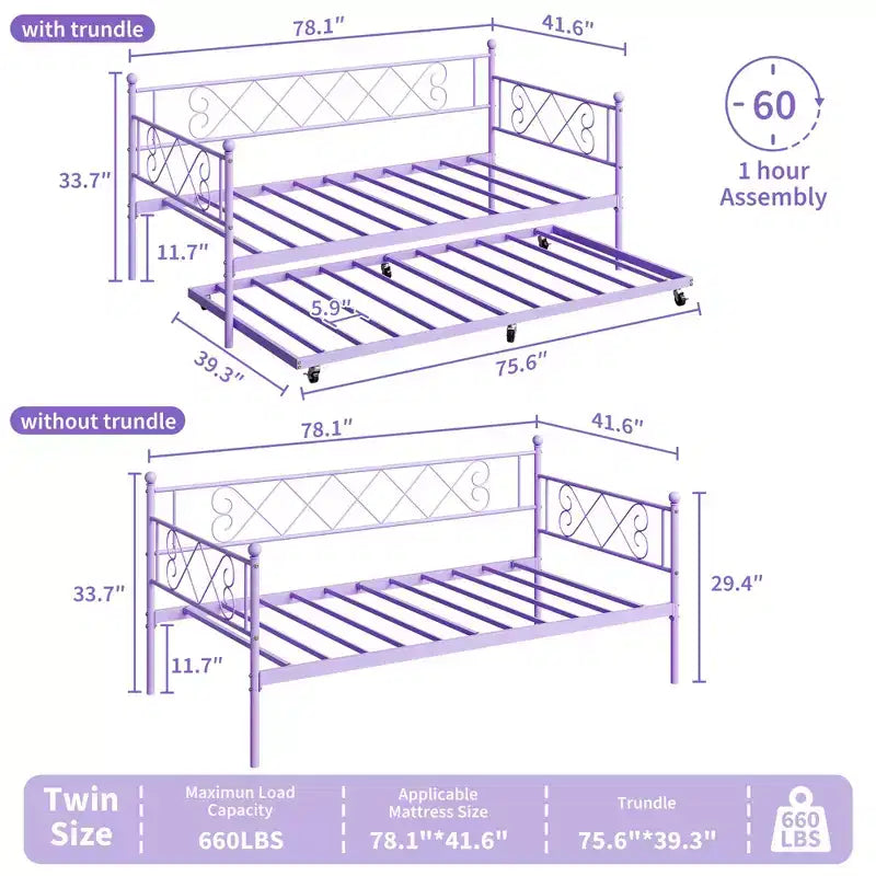 Cama Nido Individual con Cama Extraíble, Sofá Cama de Metal con Cabecero en Forma de Corazón, Estructura Resistente, Morado