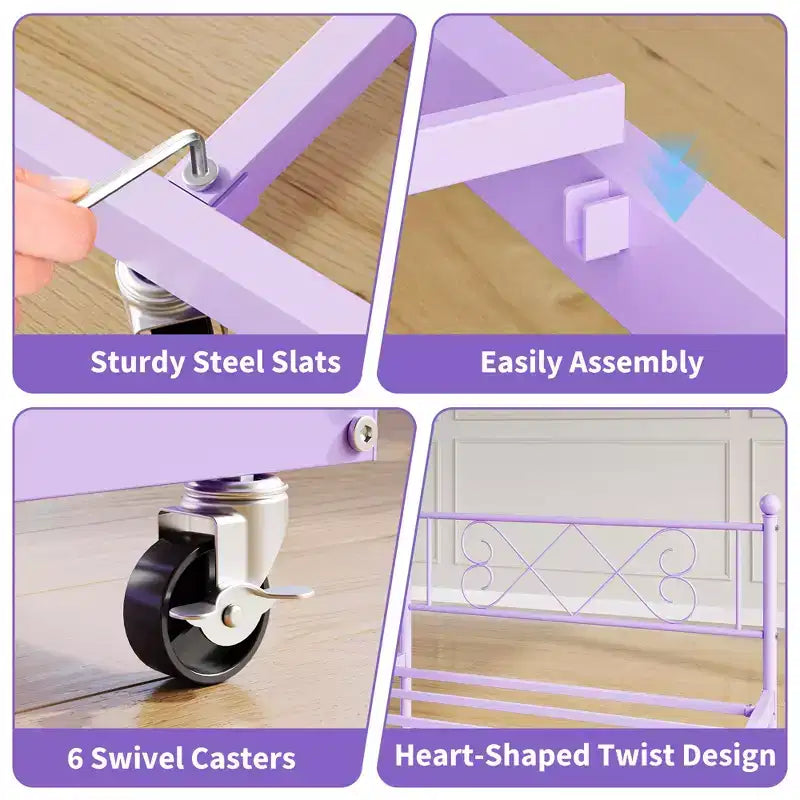 Cama Nido Individual con Cama Extraíble, Sofá Cama de Metal con Cabecero en Forma de Corazón, Estructura Resistente, Morado
