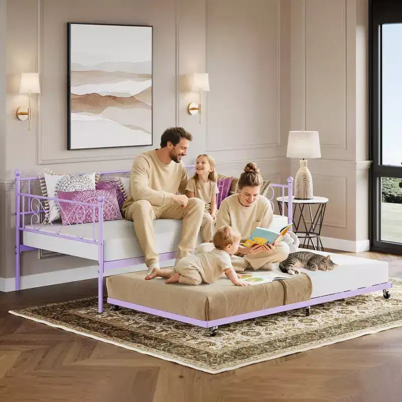 Cama Nido Individual con Cama Extraíble, Sofá Cama de Metal con Cabecero en Forma de Corazón, Estructura Resistente, Morado