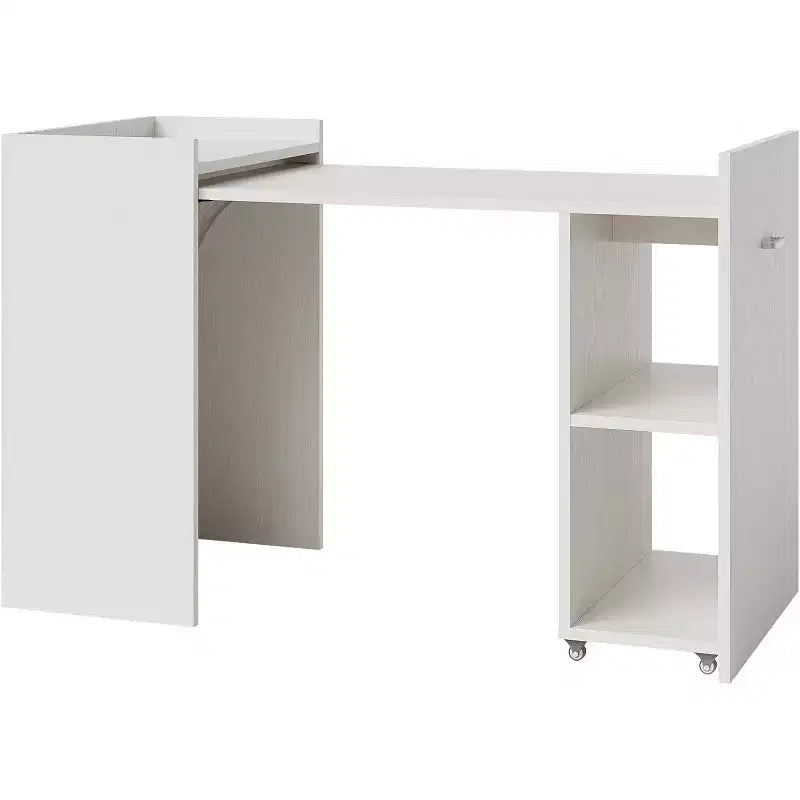 White Folding Computer Desk with Storage Shelves - Space Saving Extension Table for Home Office Gaming