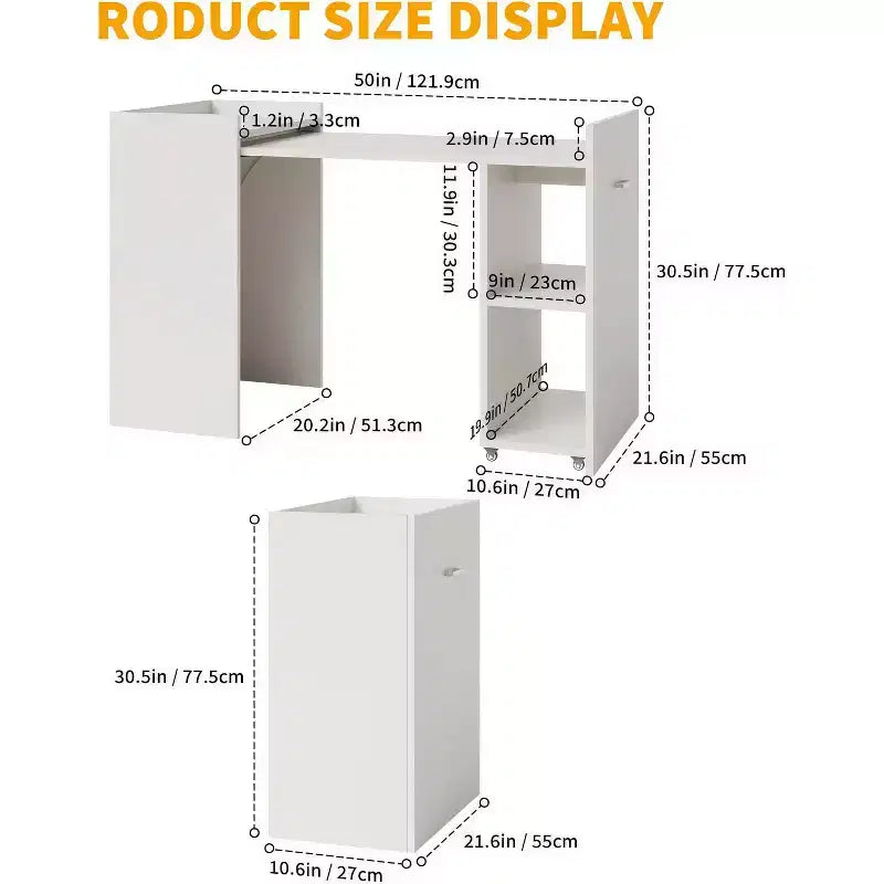 Escritorio Plegable Blanco para Computadora con Estantes de Almacenamiento - Mesa Extensible que Ahorra Espacio para Oficina en Casa y Juegos