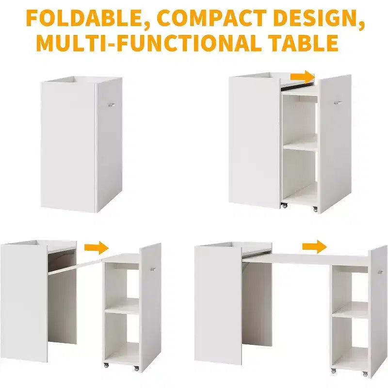 Escritorio Plegable Blanco para Computadora con Estantes de Almacenamiento - Mesa Extensible que Ahorra Espacio para Oficina en Casa y Juegos