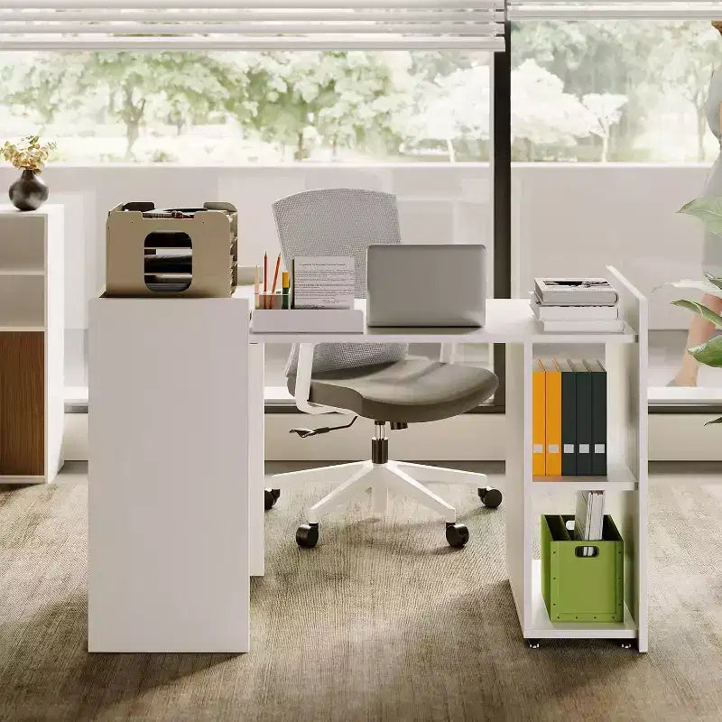 Escritorio Plegable Blanco para Computadora con Estantes de Almacenamiento - Mesa Extensible que Ahorra Espacio para Oficina en Casa y Juegos