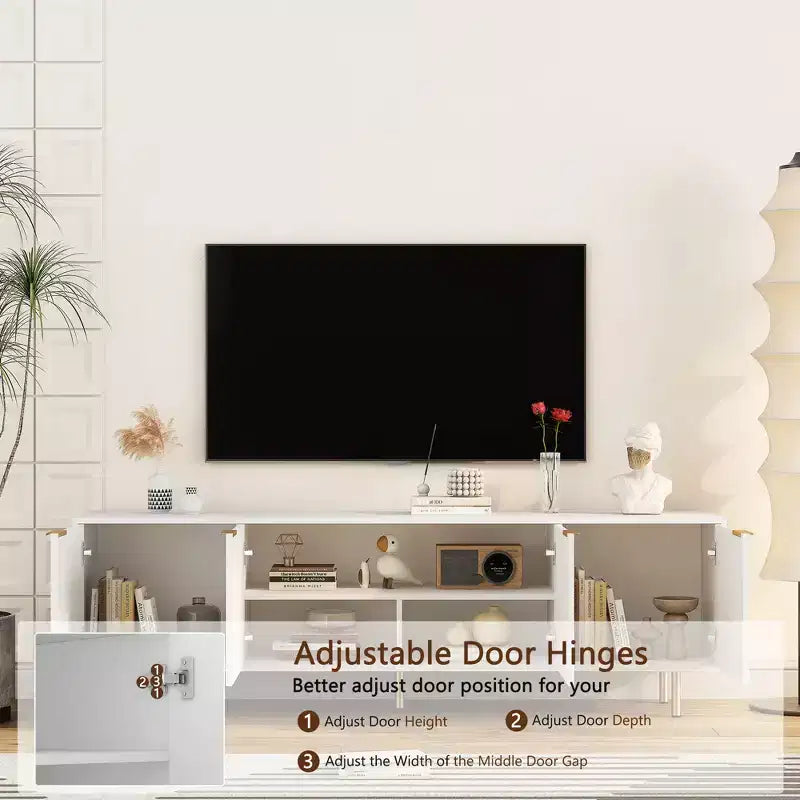 Mueble de TV Moderno de 68 Pulgadas con Ranuras, Puertas de Almacenamiento y Estantes para Medios, Adecuado para televisores de 55 pulgadas o más. Ideal para Salas de Estar. Color Blanco.
