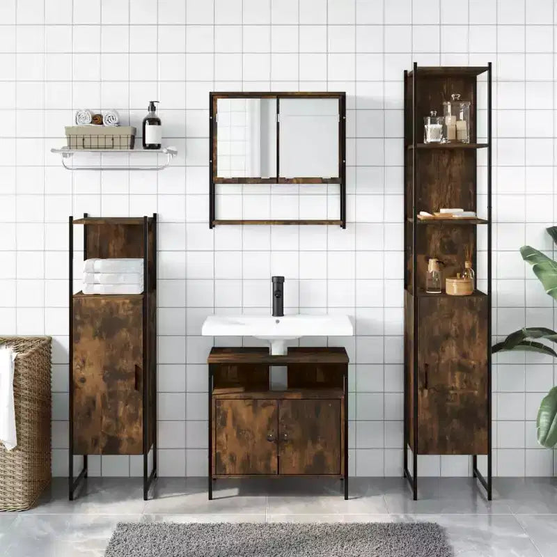 Juego de muebles de baño con estante de 4 piezas de madera de ingeniería, almacenamiento moderno