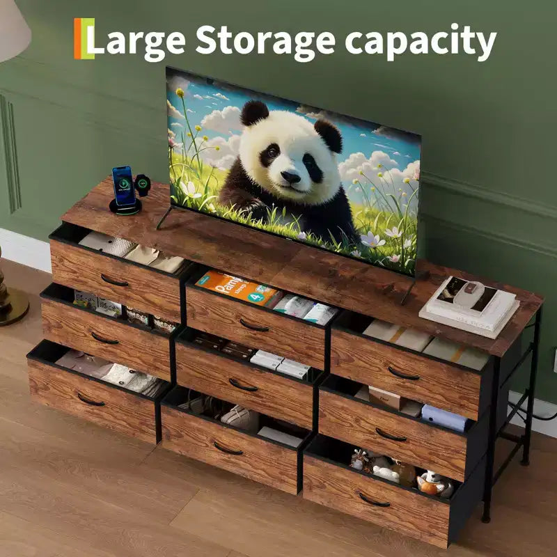 Mueble de TV de 63 pulgadas con 9 cajones de almacenamiento, consola de TV con superficie de madera y gabinete auxiliar para televisores de hasta 75 pulgadas
