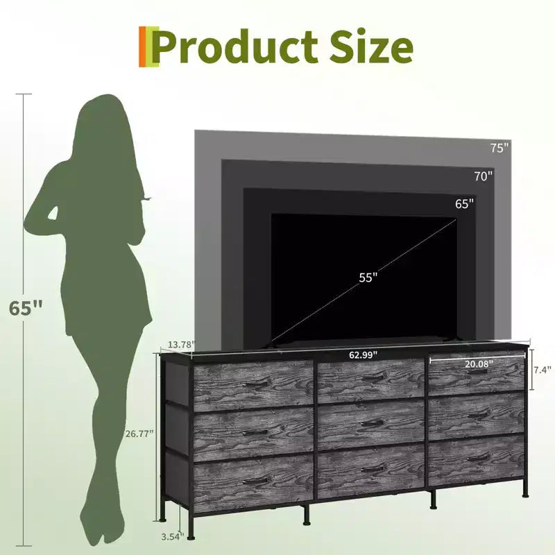 Mueble de TV de 63 pulgadas con 9 cajones de almacenamiento, consola de TV con superficie de madera y gabinete auxiliar para televisores de hasta 75 pulgadas