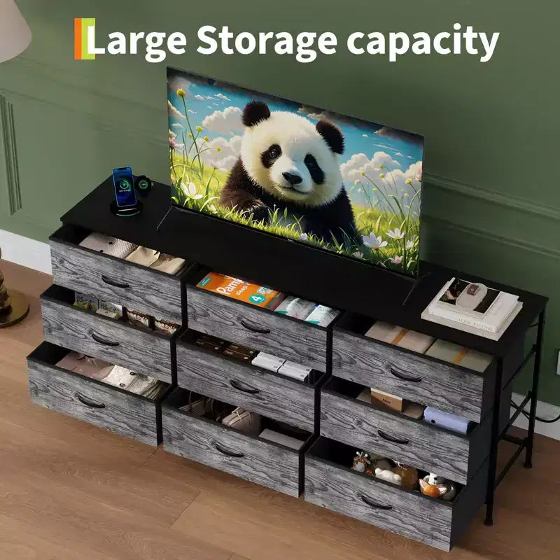 Mueble de TV de 63 pulgadas con 9 cajones de almacenamiento, consola de TV con superficie de madera y gabinete auxiliar para televisores de hasta 75 pulgadas