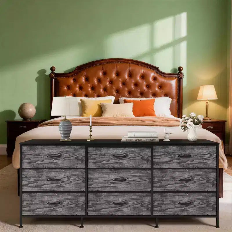 Mueble de TV de 63 pulgadas con 9 cajones de almacenamiento, consola de TV con superficie de madera y gabinete auxiliar para televisores de hasta 75 pulgadas