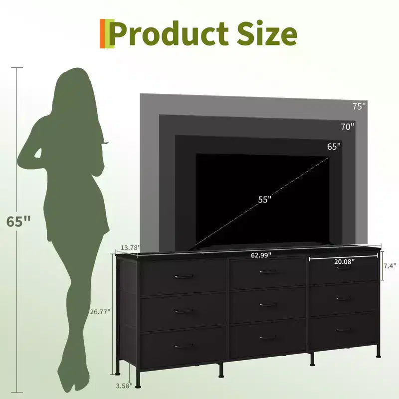 Mueble de TV de 63 pulgadas con 9 cajones de almacenamiento, consola de TV con superficie de madera y gabinete auxiliar para televisores de hasta 75 pulgadas