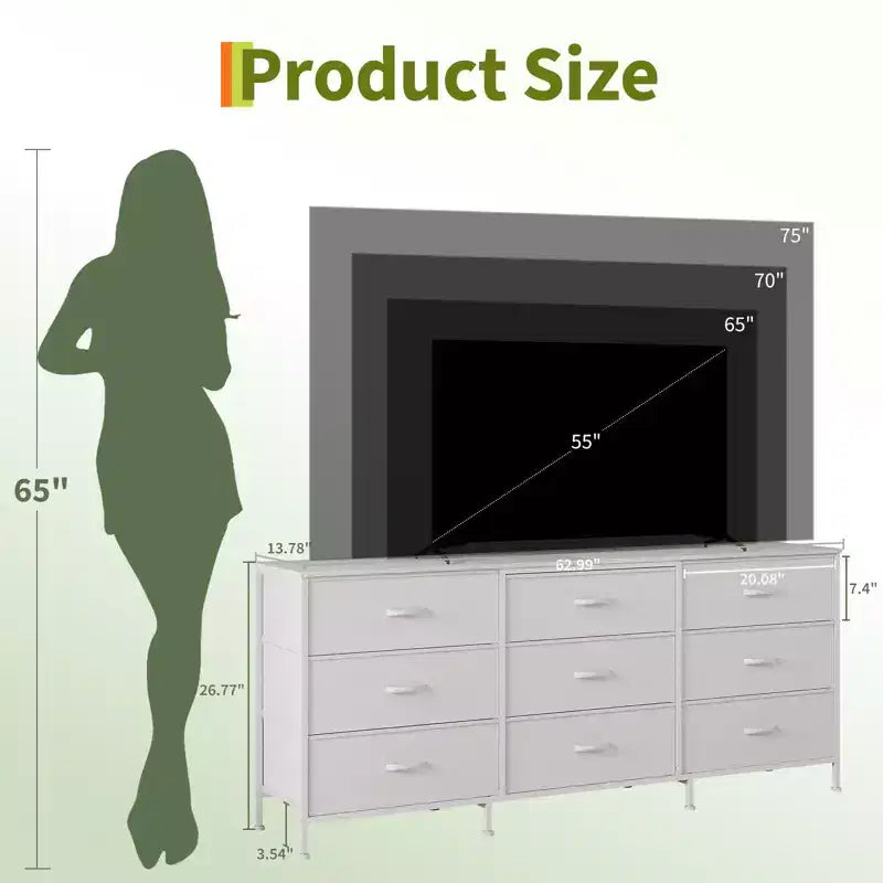 Mueble de TV de 63 pulgadas con 9 cajones de almacenamiento, consola de TV con superficie de madera y gabinete auxiliar para televisores de hasta 75 pulgadas