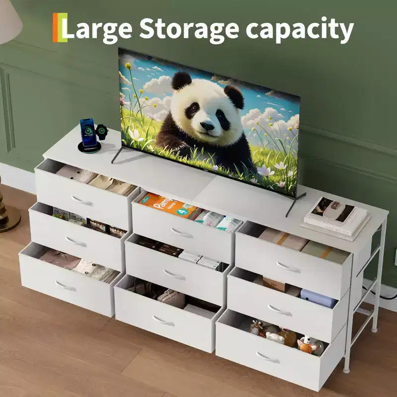 Mueble de TV de 63 pulgadas con 9 cajones de almacenamiento, consola de TV con superficie de madera y gabinete auxiliar para televisores de hasta 75 pulgadas