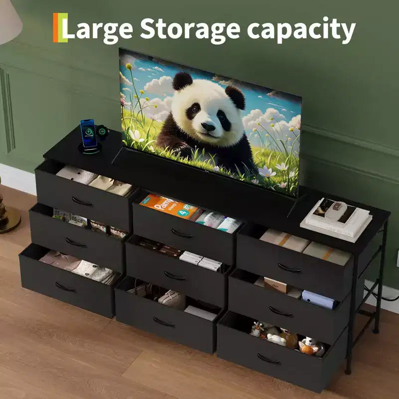 Mueble de TV de 63 pulgadas con 9 cajones de almacenamiento, consola de TV con superficie de madera y gabinete auxiliar para televisores de hasta 75 pulgadas