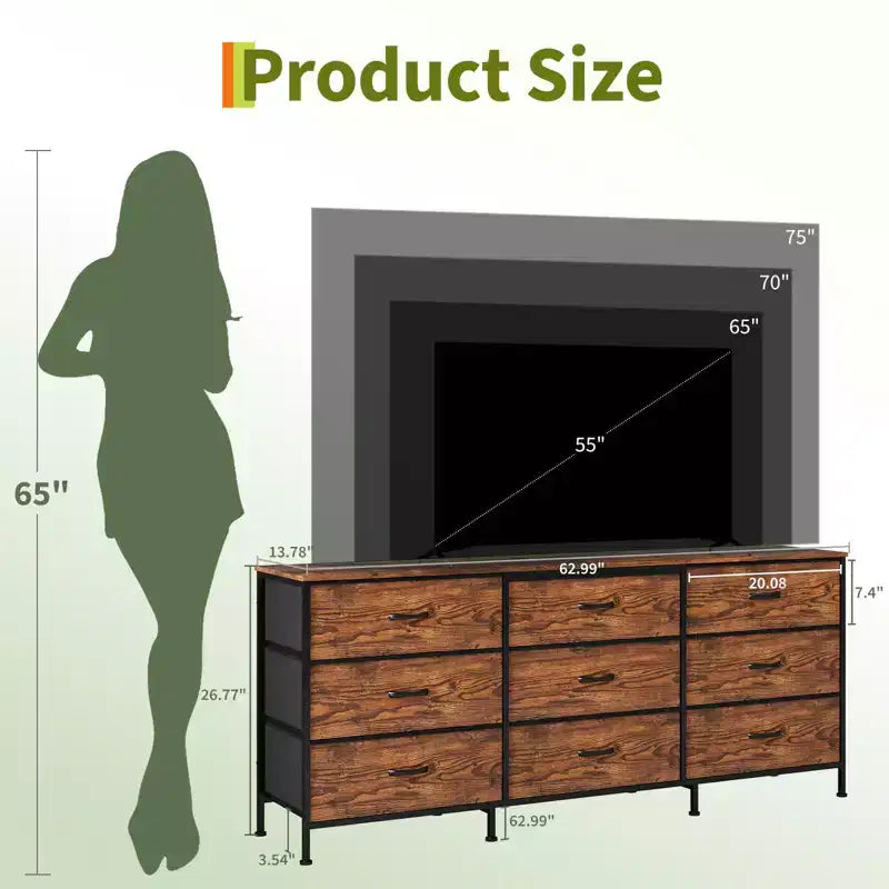 Mueble de TV de 63 pulgadas con 9 cajones de almacenamiento, consola de TV con superficie de madera y gabinete auxiliar para televisores de hasta 75 pulgadas