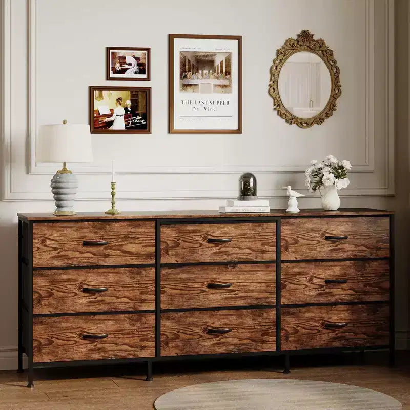 Mueble de TV de 63 pulgadas con 9 cajones de almacenamiento, consola de TV con superficie de madera y gabinete auxiliar para televisores de hasta 75 pulgadas