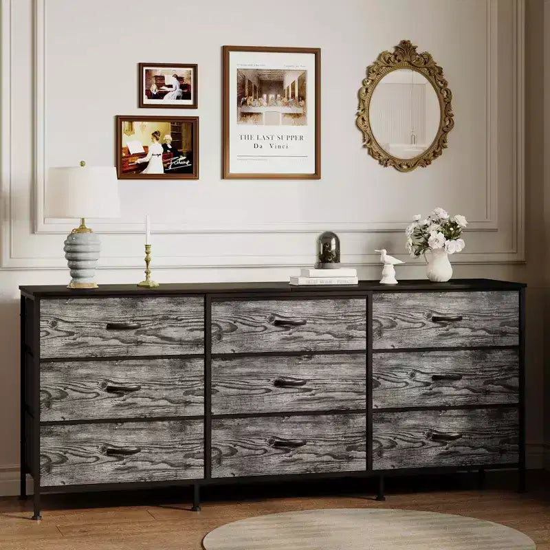 Mueble de TV de 63 pulgadas con 9 cajones de almacenamiento, consola de TV con superficie de madera y gabinete auxiliar para televisores de hasta 75 pulgadas