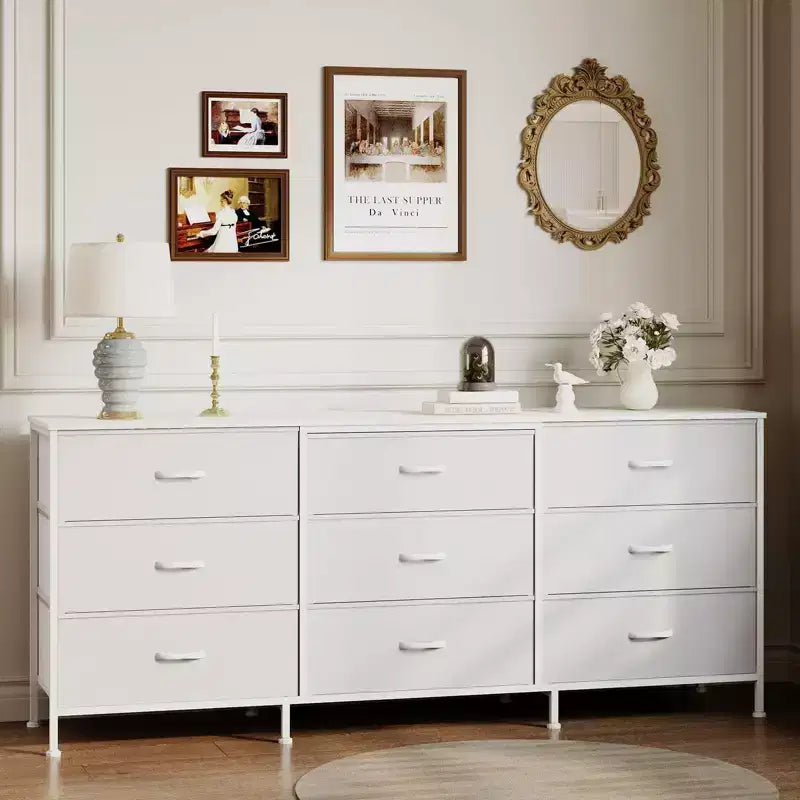 Mueble de TV de 63 pulgadas con 9 cajones de almacenamiento, consola de TV con superficie de madera y gabinete auxiliar para televisores de hasta 75 pulgadas