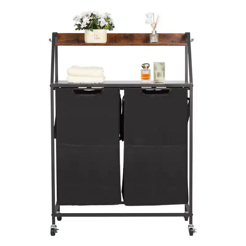 VEVOR 2 Tiers Laundry Sorter, Tall Laundry Hamper with Metal Frame and Wooden Tabletop, 2 Section Rolling Basket Organizer Storage, Black